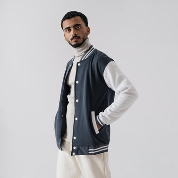 The Classic Contrast-Sleeve Varsity Jacket - Charcoal & Cream