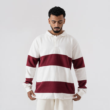 The Heritage Striped Rugby Polo - Cream & Maroon